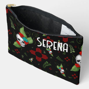 Skull Roses Zia Sun Greenery Black New Mexico Accessory Pouch