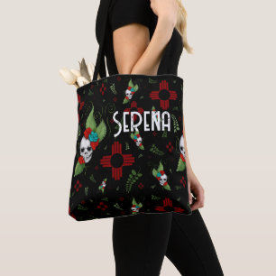Skull Roses Zia Sun Greenery Black New Mexico Tote Bag