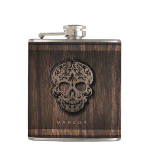 Skull Scroll on Faux Wood Textured Background Hip Flask
