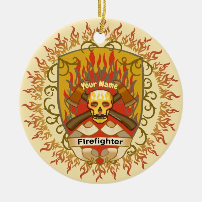 Skull Shield Firefighter  Ceramic Ornament (Front)