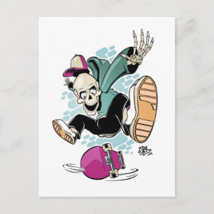 skull skateboard cartoon postcard