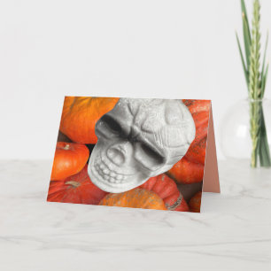 Skull skeleton and many orange pumpkins Halloween! Invitation