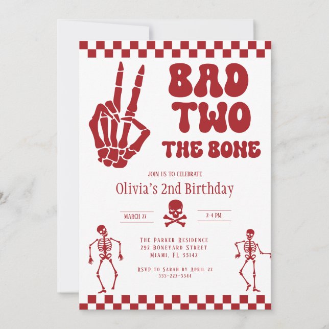 Skull Skeleton Bad to the Bone 2nd Birthday  Invitation (Front)
