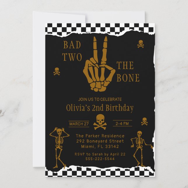 Skull Skeleton Bad to the Bone 2nd Birthday  Invitation (Front)
