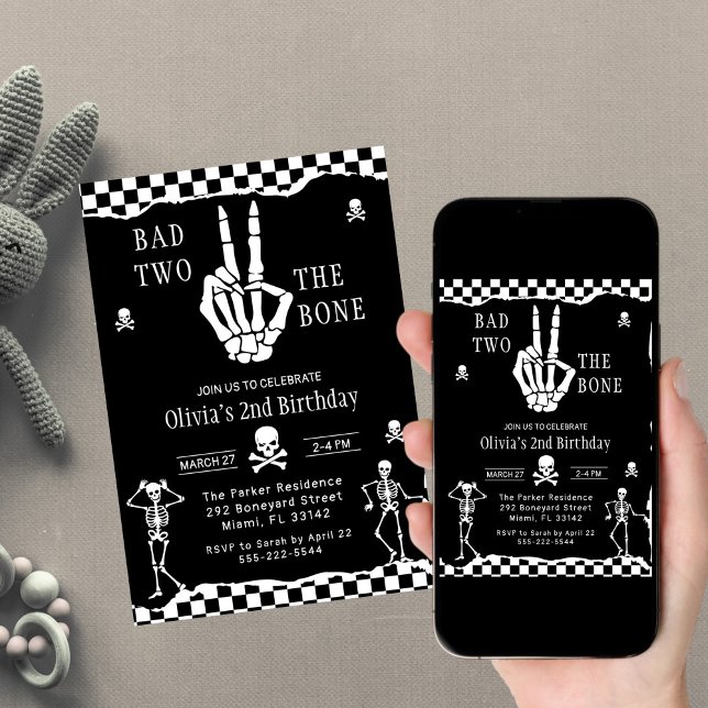 Skull Skeleton Bad to the Bone 2nd Birthday  Invitation (Creator Uploaded)