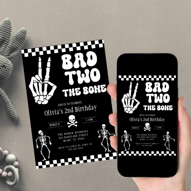 Skull Skeleton Bad to the Bone 2nd Birthday  Invitation (Creator Uploaded)