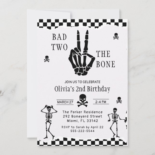 Skull Skeleton Bad to the Bone 2nd Birthday  Invitation (Front)