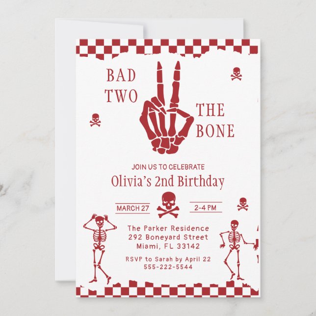 Skull Skeleton Bad to the Bone 2nd Birthday  Invitation (Front)