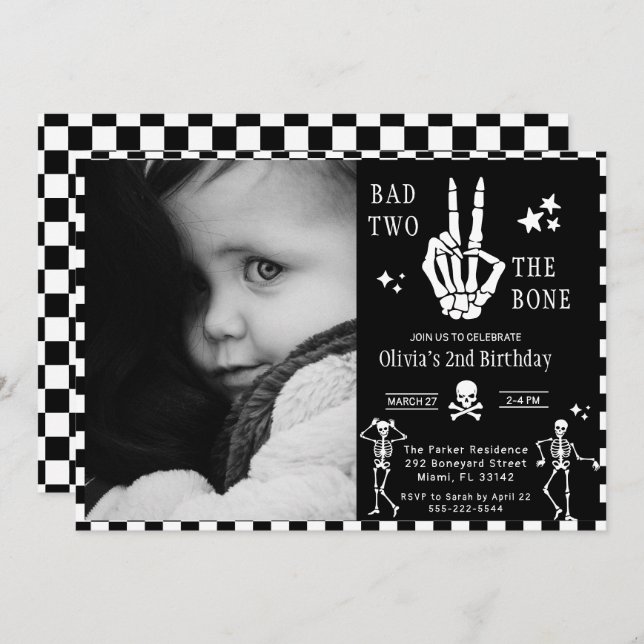 Skull Skeleton Bad to the Bone 2nd Birthday  Invitation (Front/Back)
