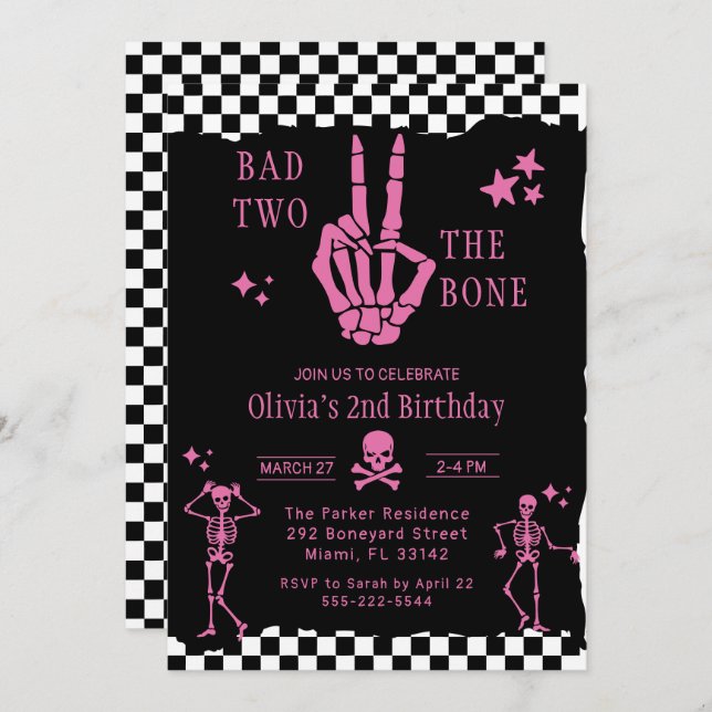 Skull Skeleton Bad to the Bone 2nd Birthday  Invitation (Front/Back)
