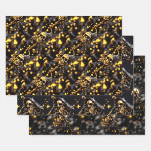 Skull skeleton face black gold pirate theme wrapping paper sheet