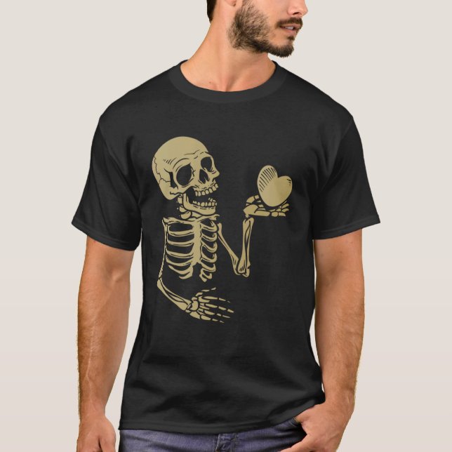 Skull Skeleton Hand Holding Red Heart Love T-Shirt (Front)