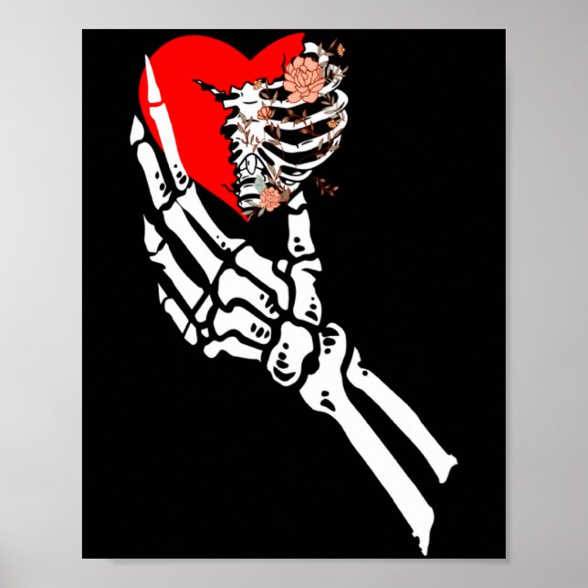 Skull Skeleton Hand Holding Red Heart Love Valenti Poster (Front)