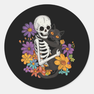 Skull Skeleton Hugging Black Cat Floral Halloween Classic Round Sticker