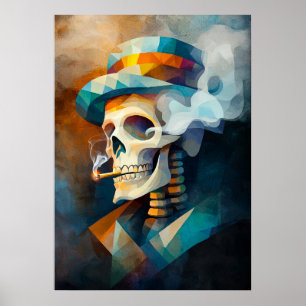 Skull Smoking a Cigarette - Cubist Minimalist Poster