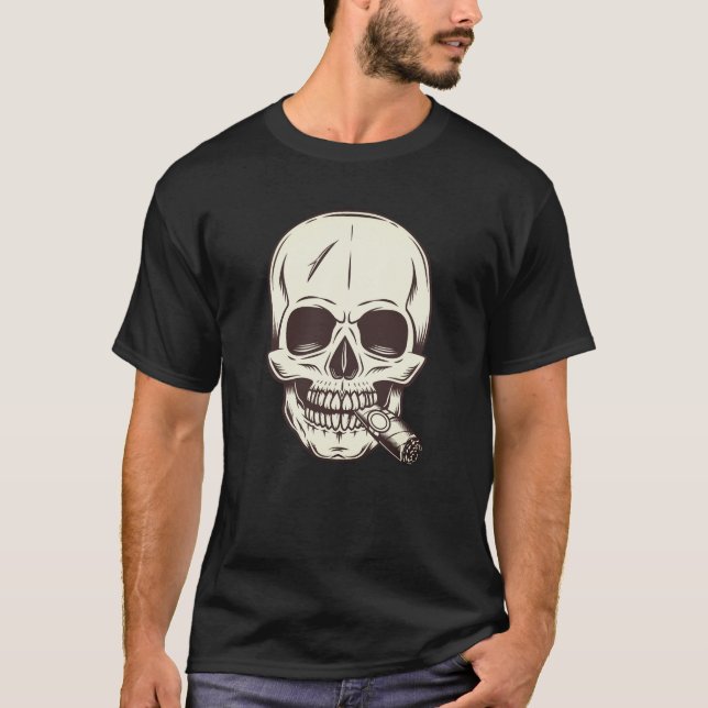 Skull smoking cigar or cigarette T-Shirt (Front)