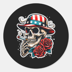 Skull Smoking Cigarette Rose Usa Flag Skeleton 4th Classic Round Sticker