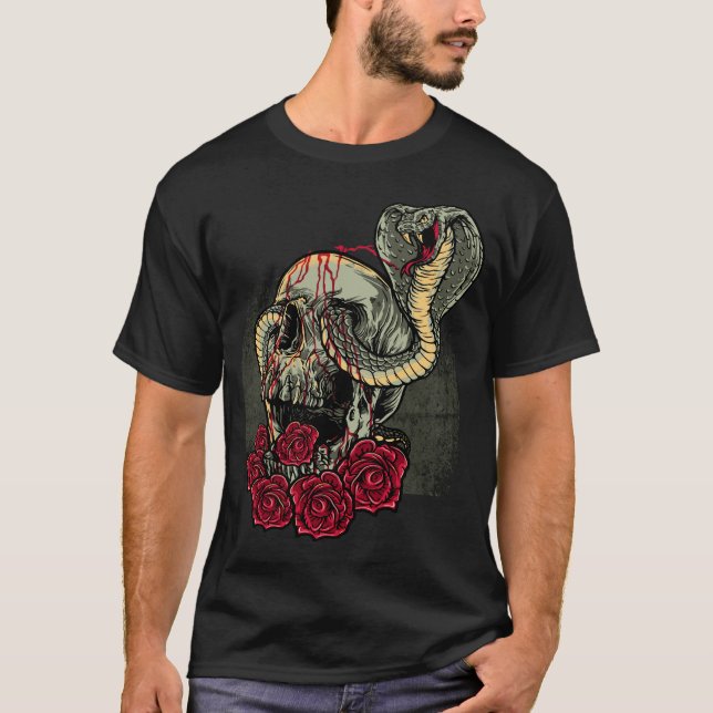 Skull Snake Roses Scary Horror T-Shirt (Front)