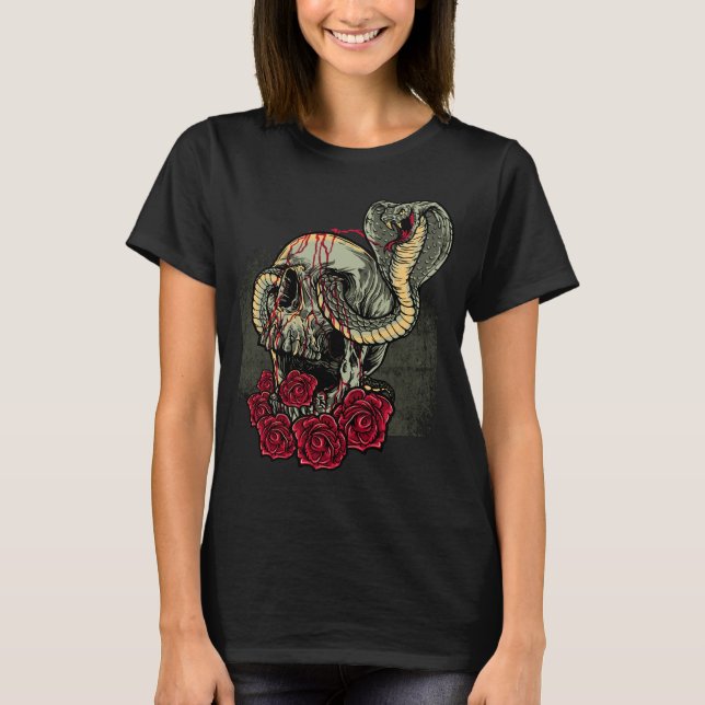 Skull Snake Roses Scary Horror T-Shirt (Front)