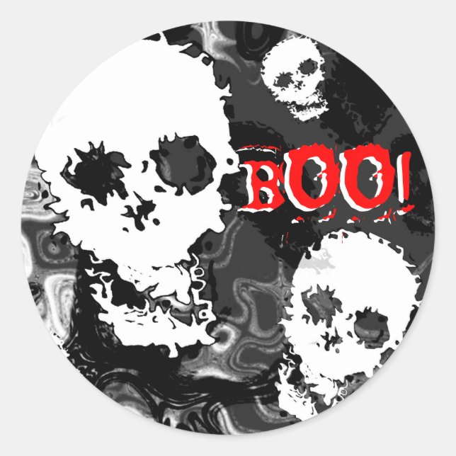 Skull Spectres  B & W 'BOO!' sticker red text (Front)