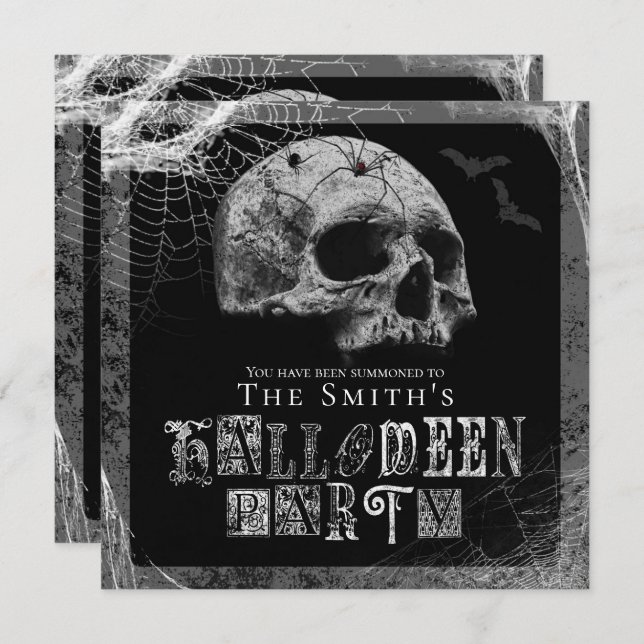 Skull & Spiderwebs Black Widow Halloween Party Invitation (Front/Back)