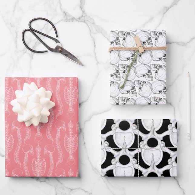 Skull & Spine Bones on Pink Wrapping Paper Sheets (Front)
