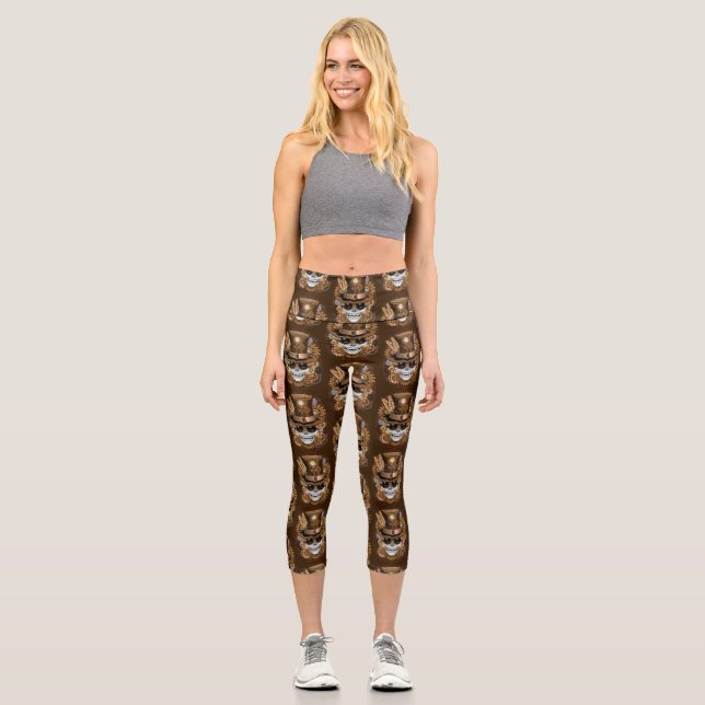 Skull Steampunk Voodoo Retro Machine Capri Leggings (Front)