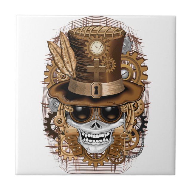 Skull Steampunk Voodoo Retro Machine Ceramic Tile (Front)