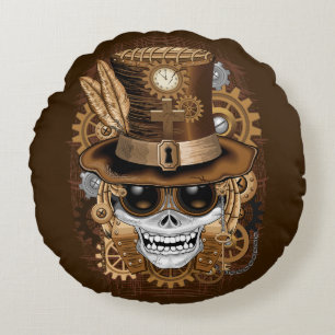 Skull Steampunk Voodoo Retro Machine Round Cushion