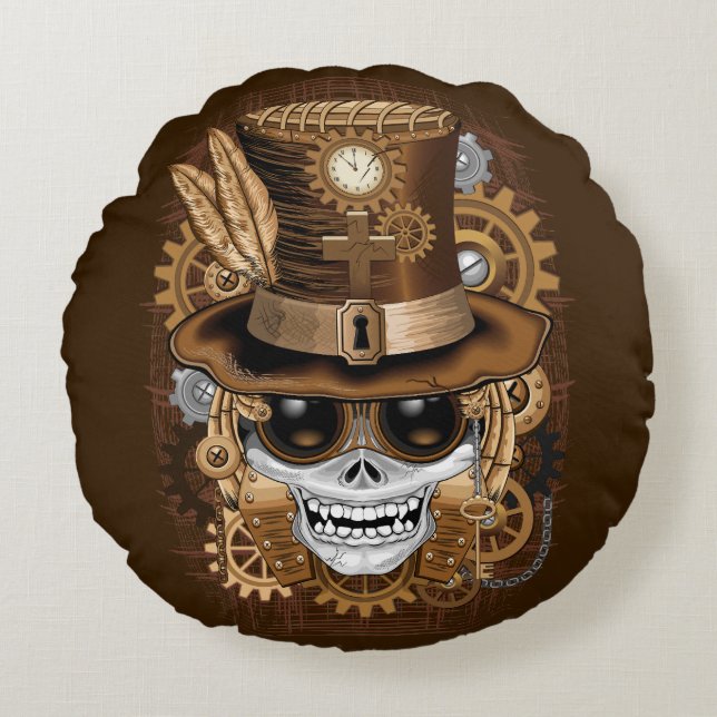 Skull Steampunk Voodoo Retro Machine Round Cushion (Front)