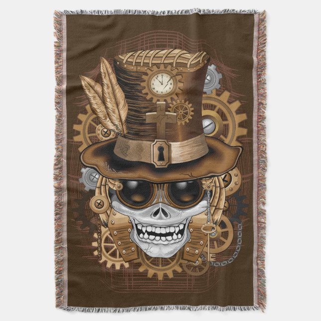 Skull Steampunk Voodoo Retro Machine Throw Blanket (Front Vertical)