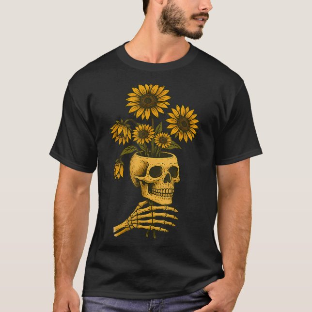 Skull Sunflowers Gothic Goth Creepy Cute Floral  T-Shirt (Front)
