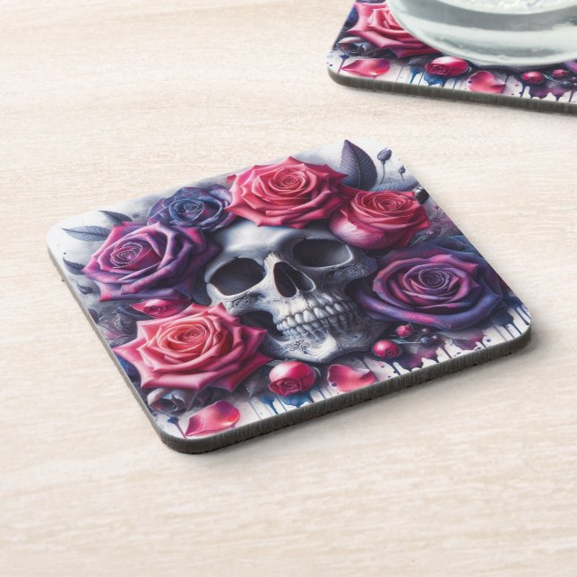 Skull Surrounded by Vibrant Roses Coaster (Left Side)
