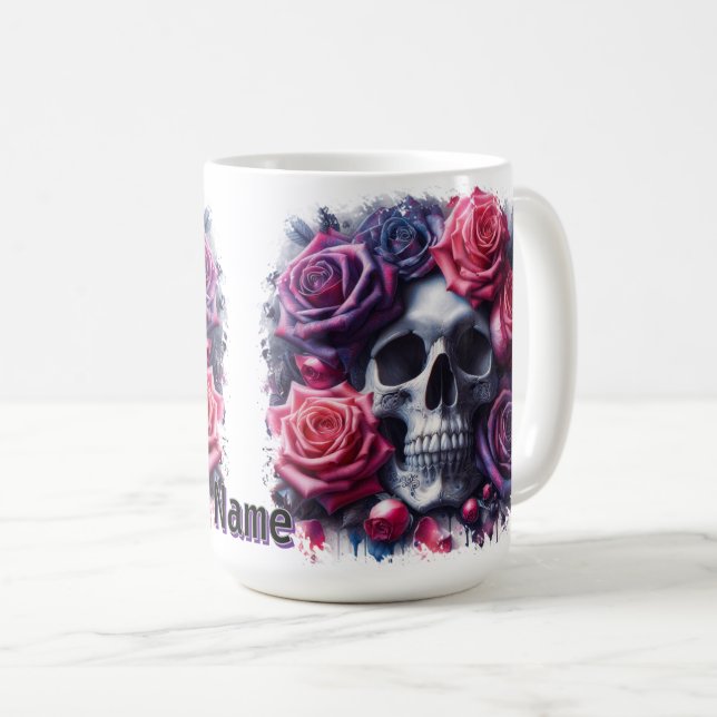 Skull Surrounded by Vibrant Roses Coffee Mug (Front Right)