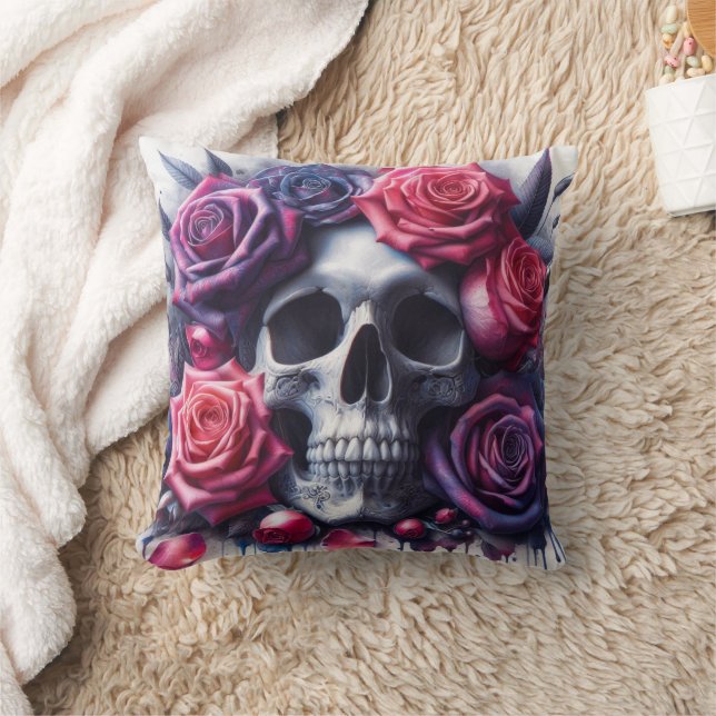 Skull Surrounded by Vibrant Roses Cushion (Blanket)