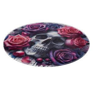 Skull Surrounded by Vibrant Roses Cutting Board
