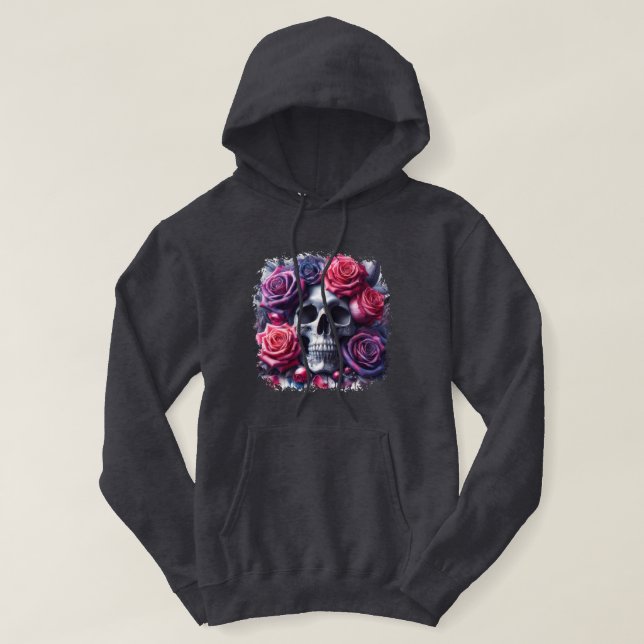 Skull Surrounded by Vibrant Roses Hoodie (Design Front)