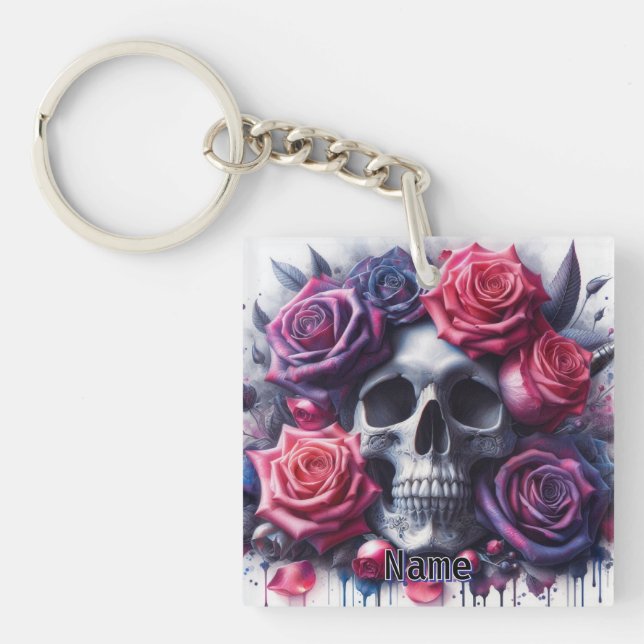 Skull Surrounded by Vibrant Roses Key Ring (Front)