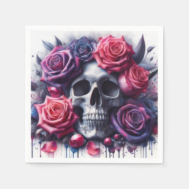 Skull Surrounded by Vibrant Roses Napkin (Front)