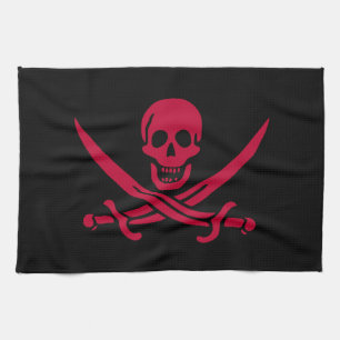 Skull & Swords Pirate flag of Calico Jack Crimson Tea Towel