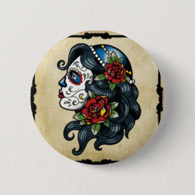 skull tattoo girl 6 cm round badge (Front)