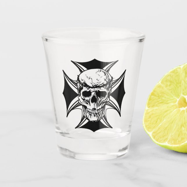  Skull thorn crown cross goth biker art Shot Glass (Front)