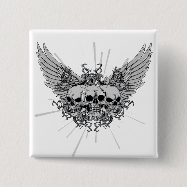 Skull ~ Three Skulls Wings Winged 15 Cm Square Badge (Front)