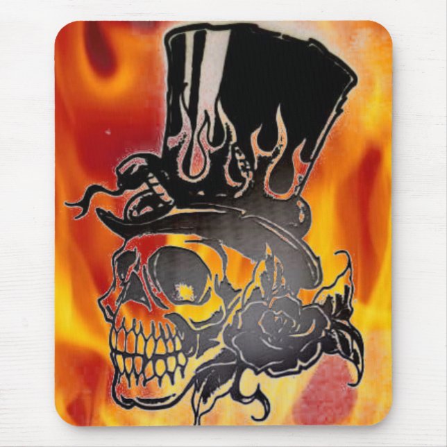Skull Top Hat Flames & Roses Mousepad (Front)