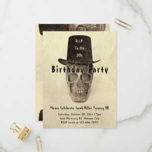 Skull Top Hat Vintage Sepia RIP To His 30s Invitation Postcard
