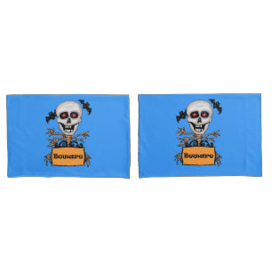 Skull Tree Branch Arms Beware Sign Bats Blue Pillowcase