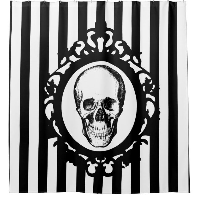 Skull Victorian Cameo Black & White Stripes Print Shower Curtain (Front)