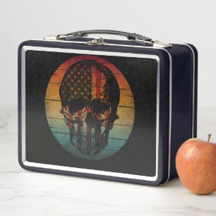 SKULL VINTAGE AMERICAN FLAG GIFT METAL LUNCH BOX