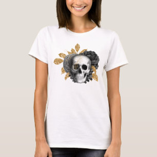 Skull vintage black roses faux gold foliage T-Shirt
