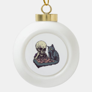 Skull vs Cat � Funny Chess Battle Ceramic Ball Christmas Ornament